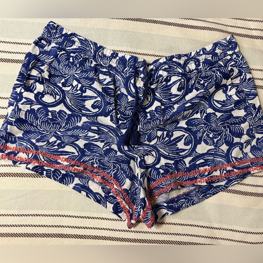 LOFT Blue and White Floral Print Drawstring Shorts with Pink Trim